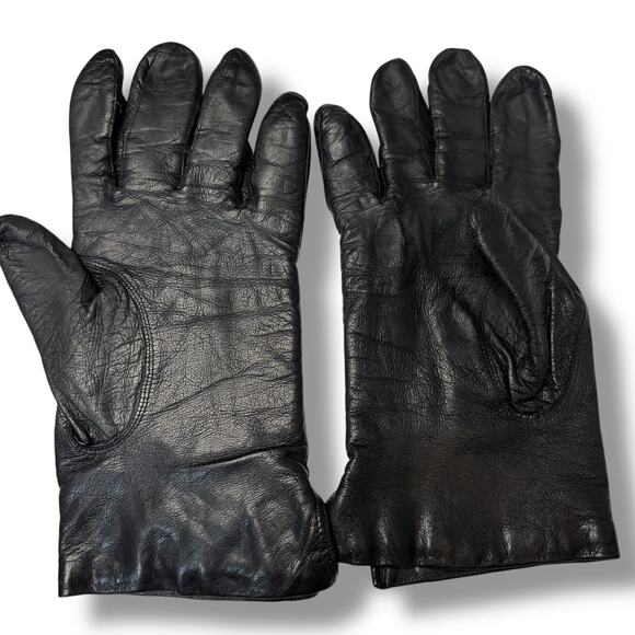 Black Leather Cashmere Lined Gloves Size 7.5 - Picture 1 of 3